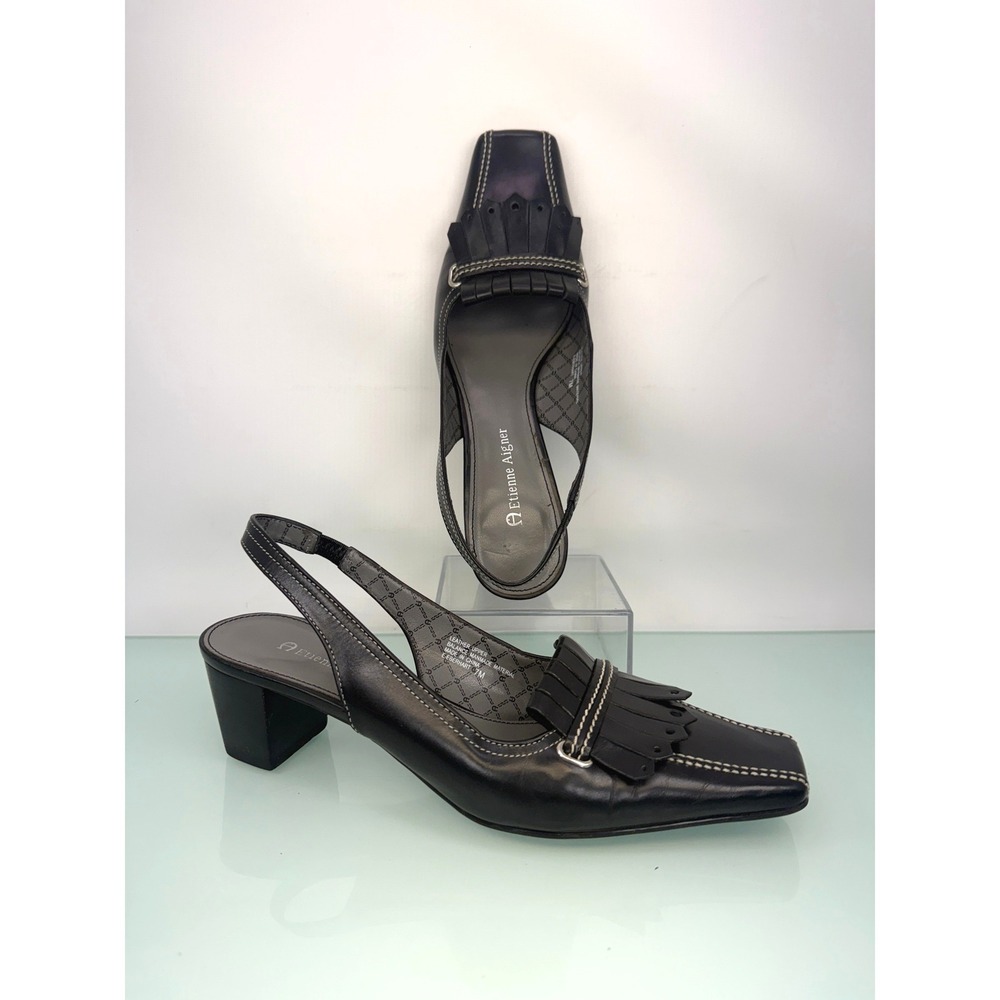 Etienne Aigner Slingback Pumps 7 Black Kiltie Square Toe Office 90 Dark Academia
